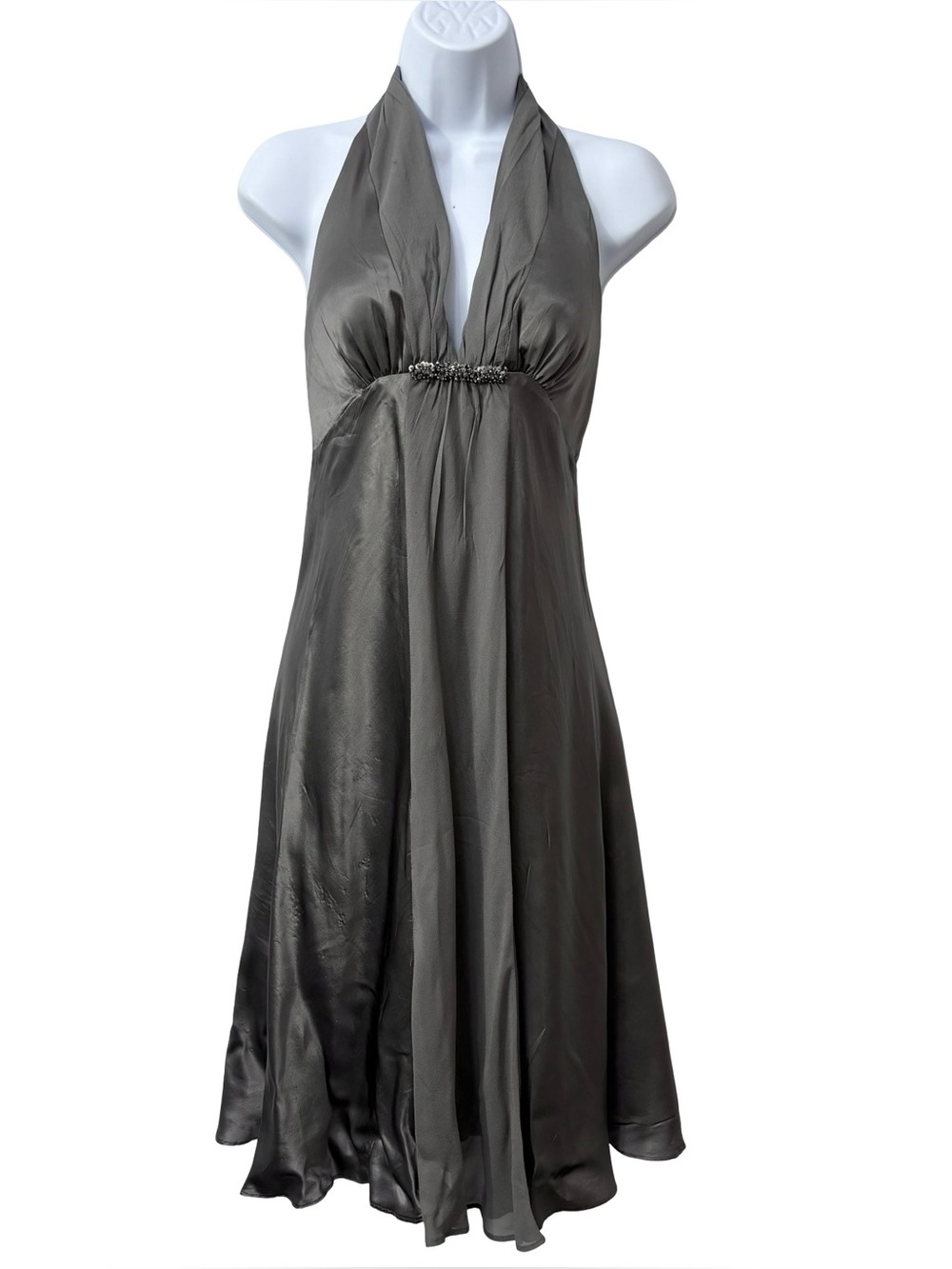White House Black Market Y2K Dark Gray Halter Empire Waist Silk Dress Size 2